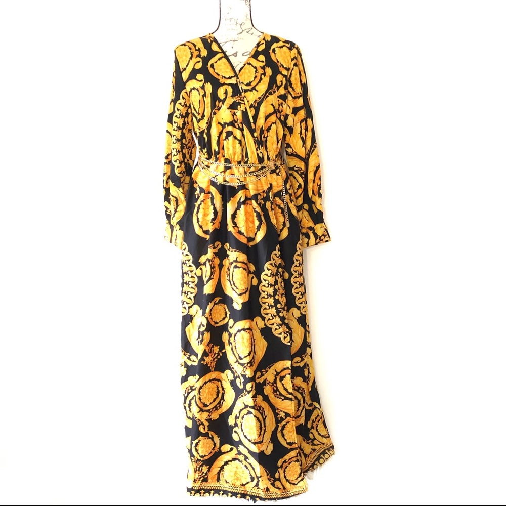 NWT Boutique Long Sleeve Boho Print Surplice Black Gold Maxi Dress Plus XL